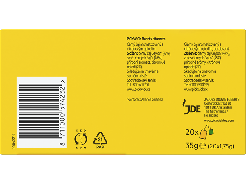 Pickwick Ranní s citronem - černý čaj, 20 x 1,75g x 12 - back