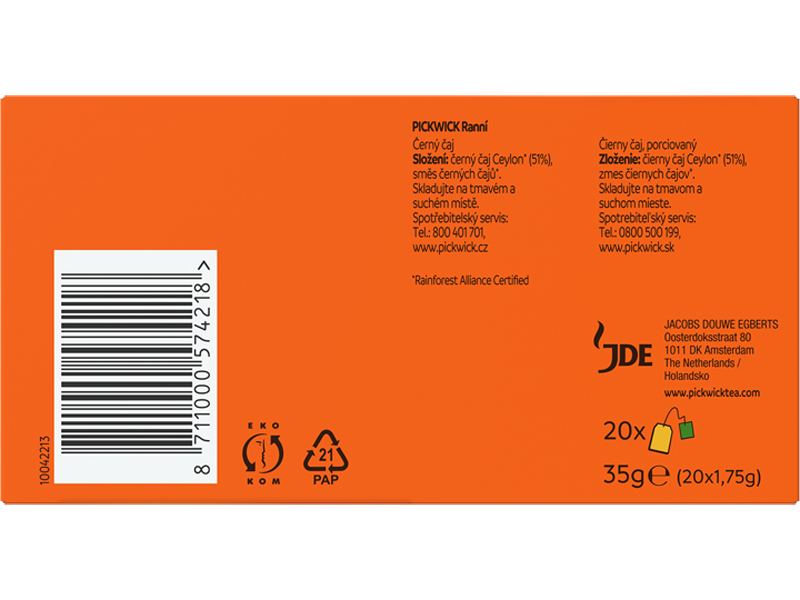Pickwick Ranní - černý čaj, 20 x 1,75g x 12 - back