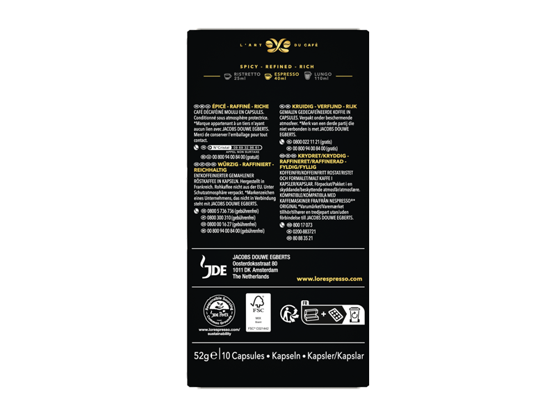 L'OR Espresso bezkofeinová 6 - kapsle pro Nespresso®*, 10 x 10 ks - back